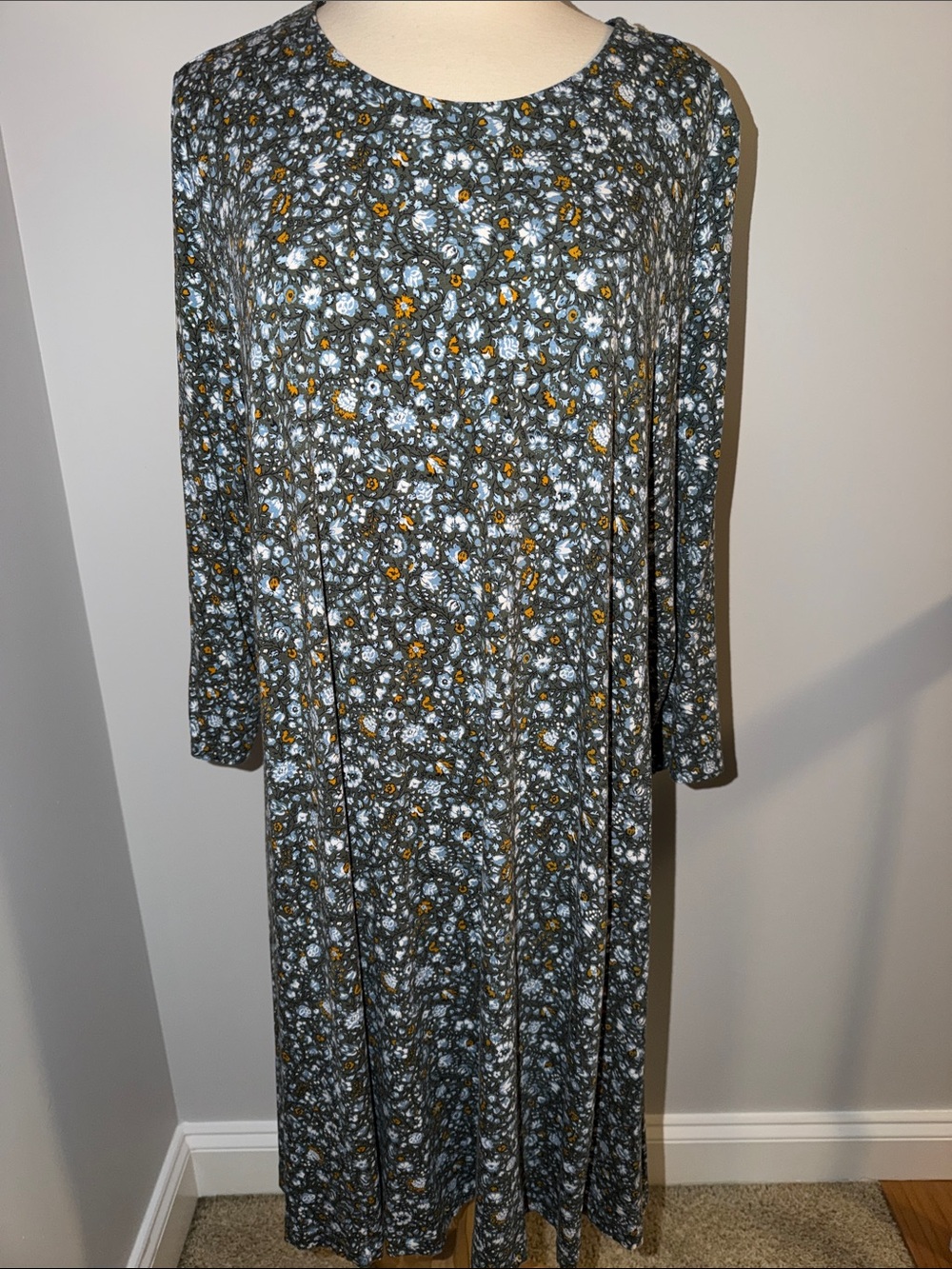 LOFT Olive Floral Midi Dress with Blue and Mustard Prints